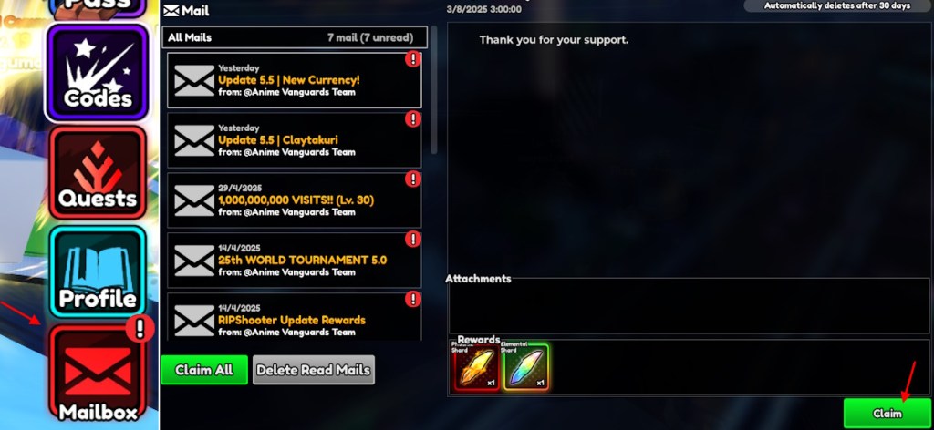 Mailbox rewards in Anime Vanguards